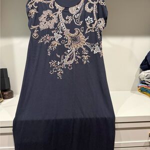 Elegant embroidered midi dress. Navy blue